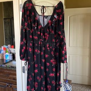 Torrid size 1. I’ve worn both ways, front and back. Cute sleeves.